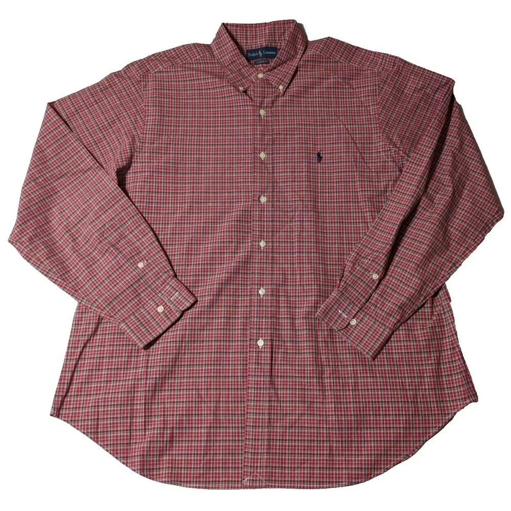 VTG POLO RALPH LAUREN CLASSIC FIT Men XL (17‎ 1/2) Red Plaid Cotton Shirt EUC
